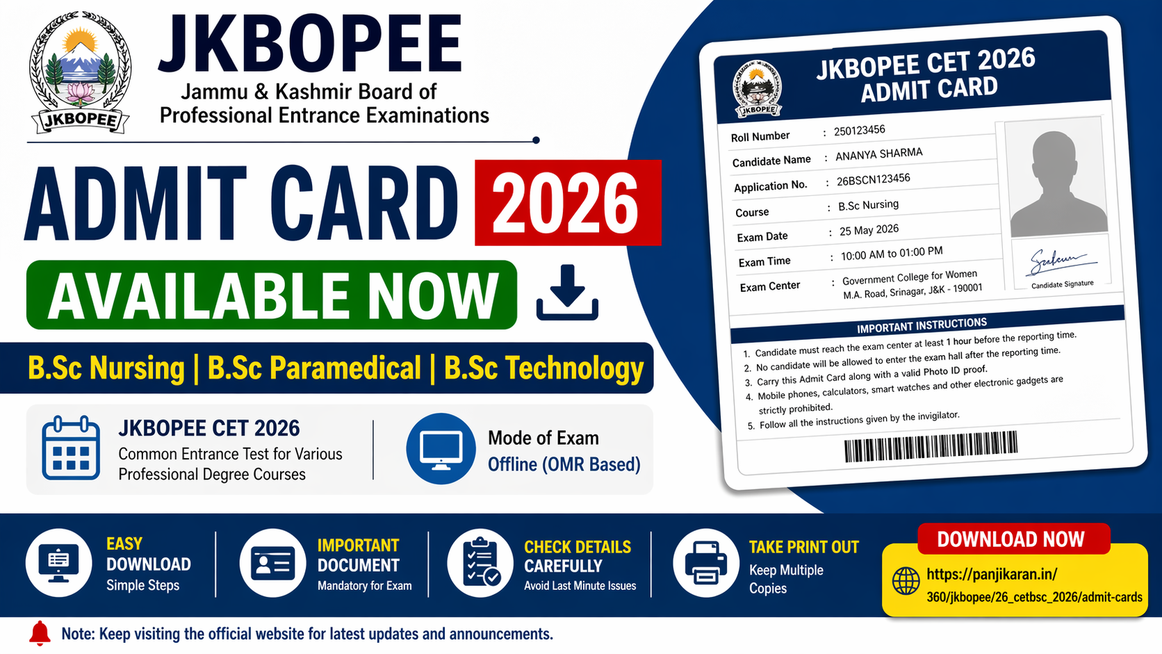JKBOPEE Admit Card 2026 for B.Sc Nursing & Paramedical Released